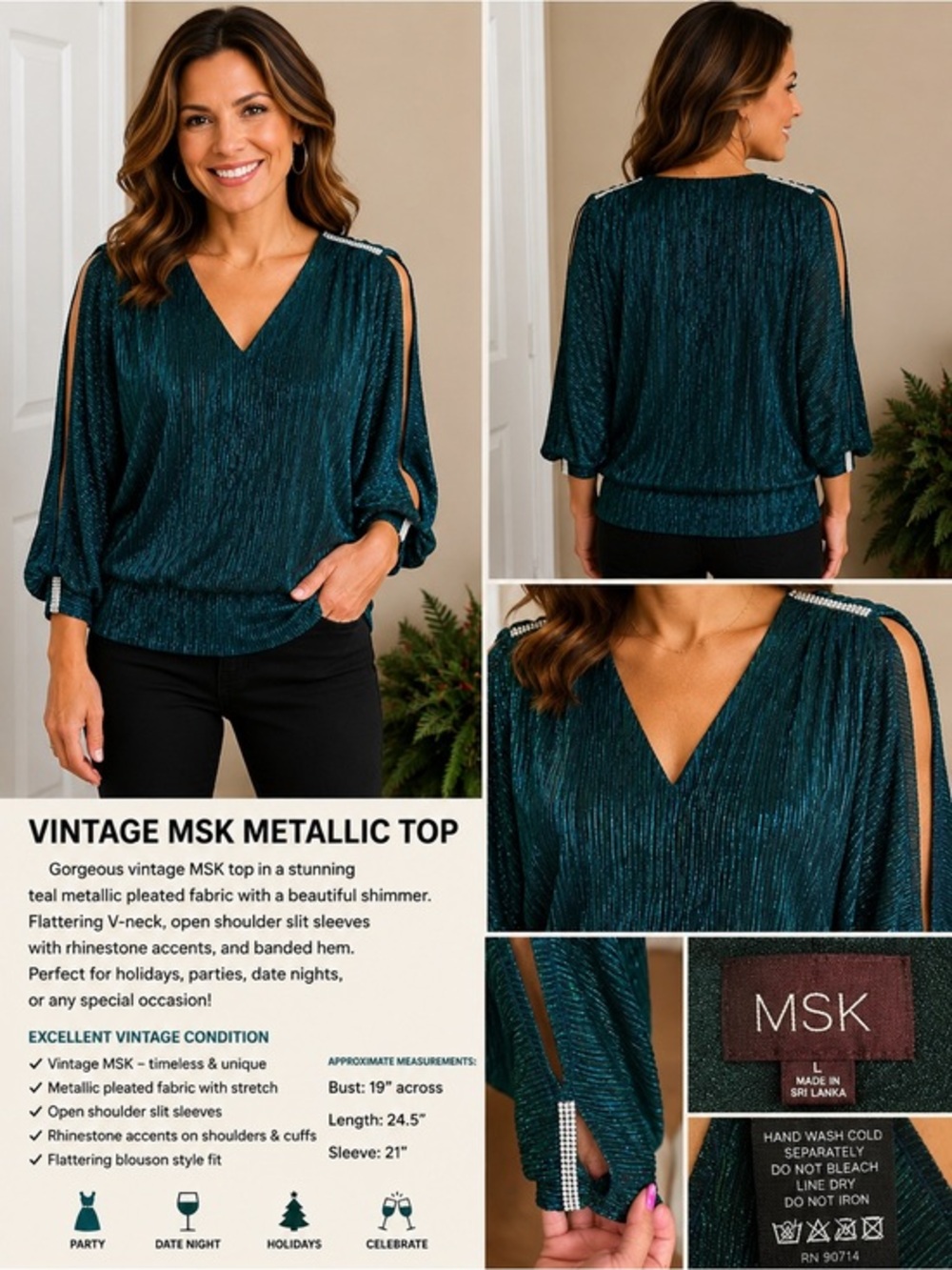 MSK Teal Metallic Pleated V-Neck Open-Shoulder Top